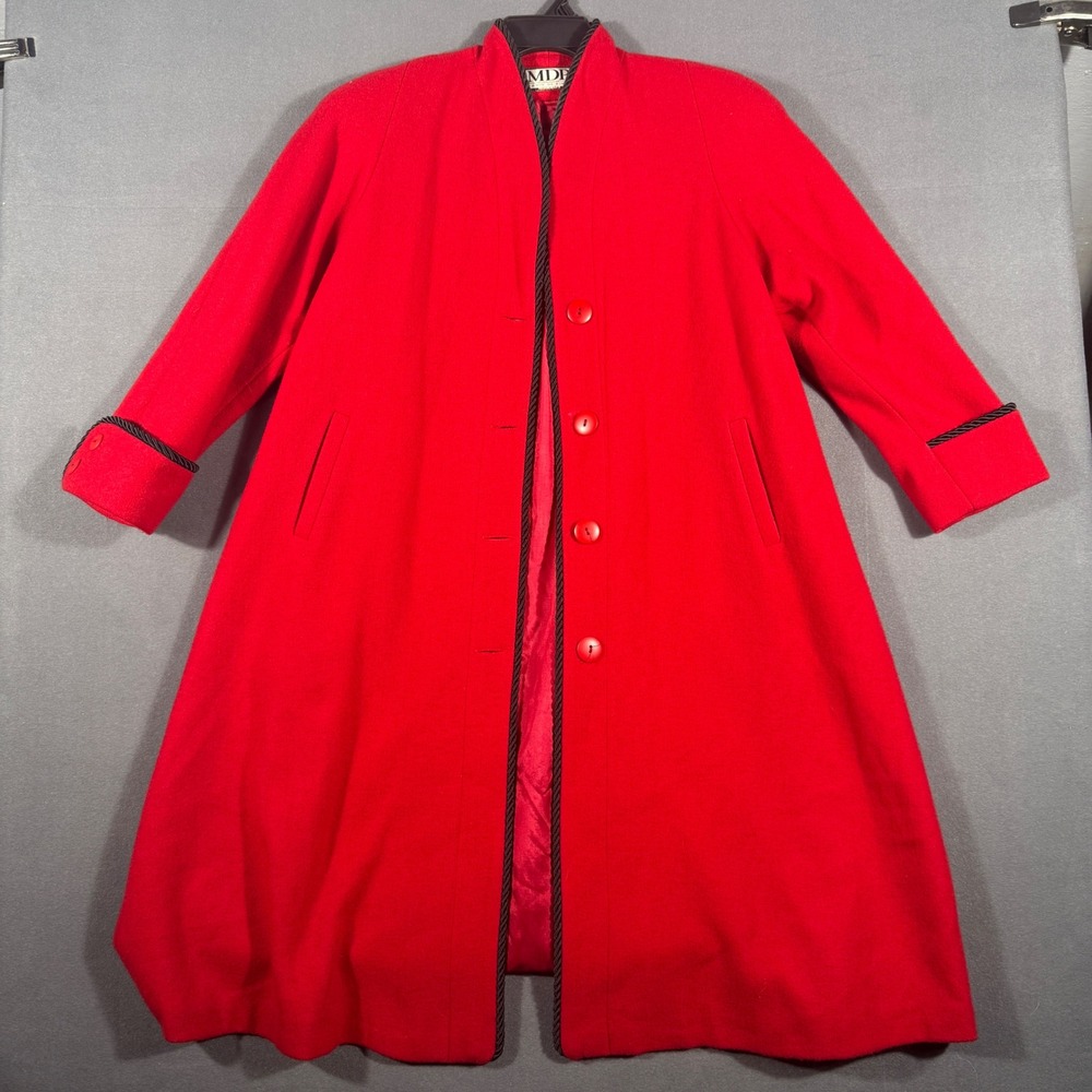Mario De Pinto Coat Womens M Red Wool Vintage Braided Trim Longline Made in USA